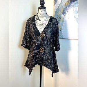 Kaktus Fashionable Black& Silver large Button Net Vest Asymmetrical HemSize XL